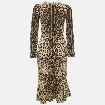 Pre Owned Dolce & Gabbana Brown Animal Print Silk Flounce Midi Dress S