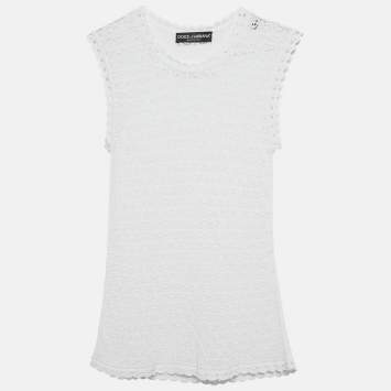 Pre Owned Dolce & Gabbana White Crochet Sleeveless Sheer Top S