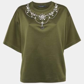 Pre Owned Dolce & Gabbana Olive Green Cotton Stud Embellishment Detail Crew Neck T-Shirt L
