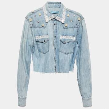 Pre Owned Dolce & Gabbana Blue Denim Stud and Trim Detail Cropped Jacket S