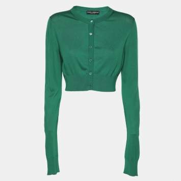Pre Owned Dolce & Gabbana Green Silk Rib Knit Button Front Cropped Cardigan S