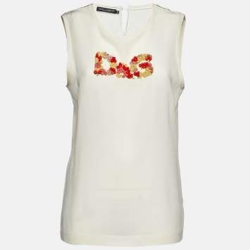 Pre Owned Dolce & Gabbana Cream Silk Floral Logo Detail Sleeveless Top M