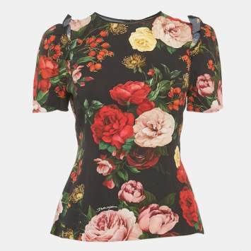 Pre Owned Dolce & Gabbana Black Floral Print Crepe Frill Detail Top M