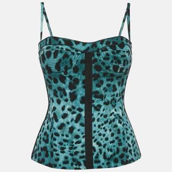 Pre Owned Dolce & Gabbana Green Leopard Print Satin Corset Top S