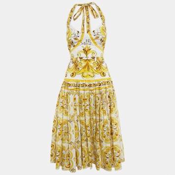 Pre Owned Dolce & Gabbana Yellow/White Majolica Print Poplin Halter Neck Midi Dress XS
