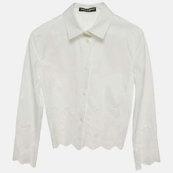 Pre Owned Dolce & Gabbana White Lace Trim Cotton Crop Shirt M