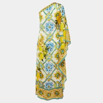 Pre Owned Dolce & Gabbana White Majolica Lemon Print Silk One Shoulder Dress S