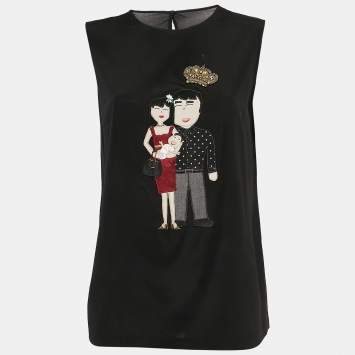 Pre Owned Dolce & Gabbana Black DG Family Applique Silk Sleeveless Top M