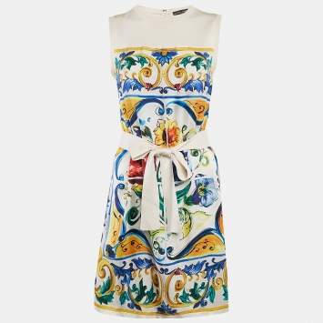 Pre Owned Dolce & Gabbana Cream Printed Silk Sleeveless Mini Dress S