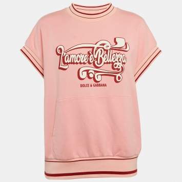 Pre Owned Dolce & Gabbana Pink Printed Cotton Contrast Trim Detail Crew Neck T-Shirt S