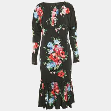 Pre Owned Dolce & Gabbana Black Floral Print Silk Flounce Midi Dress M