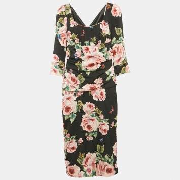Pre Owned Dolce & Gabbana Black Floral Print Silk Drape Detail Dress L