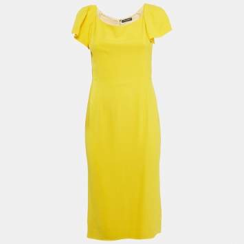 Pre Owned Dolce & Gabbana Yellow Crepe Cap Sleeve Midi Dress L