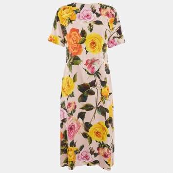 Pre Owned Dolce & Gabbana Pink/Multicolor Floral Print Crepe Button Detail Midi Dress M