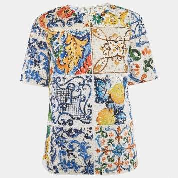 Pre Owned Dolce & Gabbana Multicolor Printed Anglaise Broderie Round Neck Top M