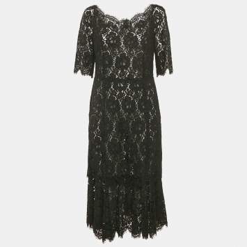 Pre Owned Dolce & Gabbana Black Lace Flounce Midi Dress L