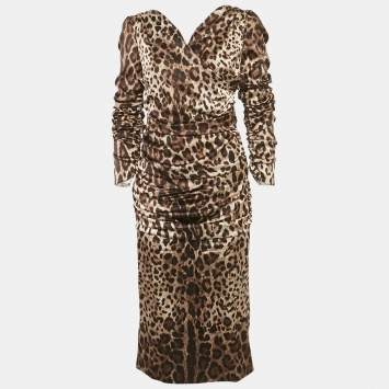 Pre Owned Dolce & Gabbana Brown Animal Print Silk Ruched Midi Dress L
