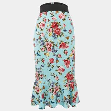 Pre Owned Dolce & Gabbana Blue Floral Print Silk Flounce Midi Skirt L