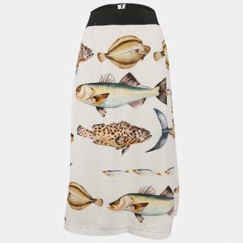 Dolce & Gabbana Off White Fish Print Crepe Midi Skirt S