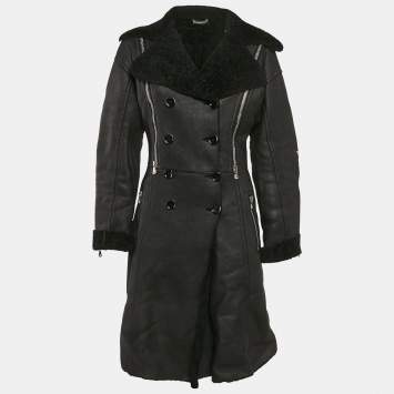 Dolce & Gabbana Black Leather and Fur Zip Detail Double Breasted Coat S