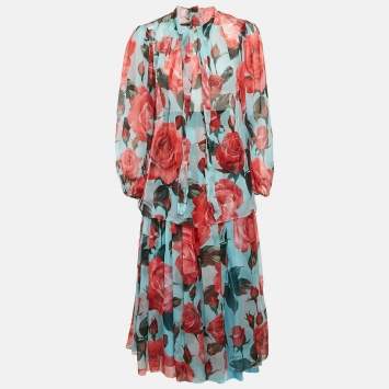 Pre Owned Dolce & Gabbana Blue Floral Print Silk Blouse and Skirt Set L
