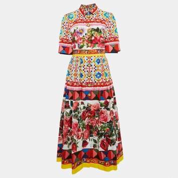 Pre Owned Dolce & Gabbana Multicolor Print Cotton Button Detail Long Dress L