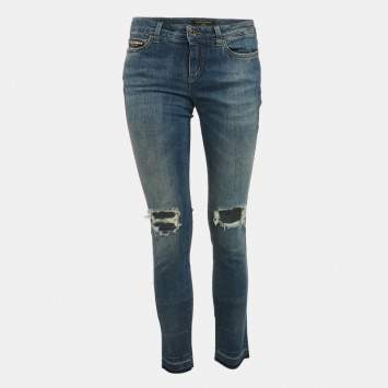 Pre Owned Dolce & Gabbana Blue Logo Applique Denim Ripped Jeans S Waist 29"