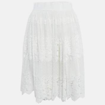 مملوكة مسبقًا Dolce & Gabbana White Cotton Lace Gathered Knee Length Skirt S