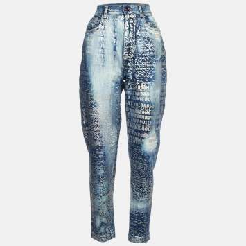 Pre Owned Dolce & Gabbana Blue Glitter Print Denim Amber Fit Jeans M/Waist 27"