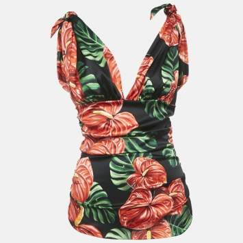 Pre Owned Dolce & Gabbana Black/Red Anthurium Print Satin Ruched Top M