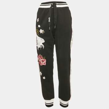 مملوكة مسبقًا Dolce & Gabbana Black Embroidered Cotton Contrast Side Trimmed Trackpants XL
