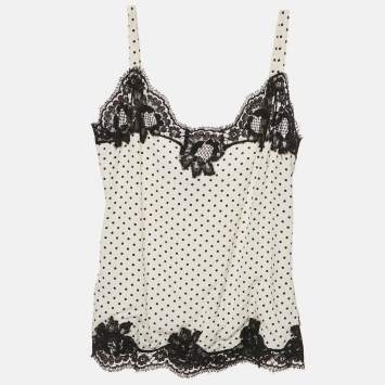 Pre Owned Dolce & Gabbana White Polka Dots Print Silk and Lace Trim Camisole M
