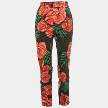 Pre Owned Dolce & Gabbana Black/Red Anthurium Print Cotton Trousers S
