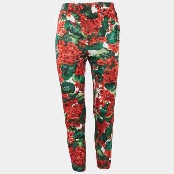 Pre Owned Dolce & Gabbana White/Red Floral Print Jersey Leggings M