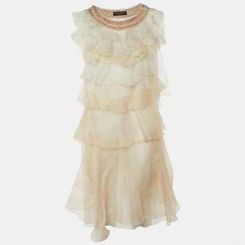Pre Owned Dolce & Gabbana white & Pink Organza Ruffled Mini Dress S