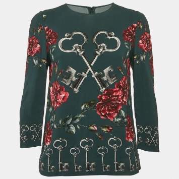 Pre Owned Dolce & Gabbana Green Key & Floral Print Crepe Top S