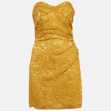 Pre Owned Dolce & Gabbana Yellow Lace Draped Strapless Mini Dress M