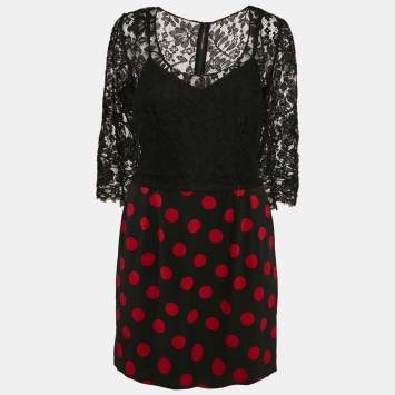 Pre Owned Dolce & Gabbana Black Lace and Polka Dot Print Silk Mini Dress M