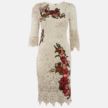 مملوكة مسبقًا Dolce & Gabbana Light Beige Lace Floral Applique Detail Short Dress M