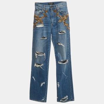 Pre Owned Dolce & Gabbana Ripped Denim Embellished Jeans S Waist 28"