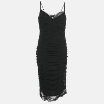Pre Owned Dolce & Gabbana Black Stretch Tulle Ruched Bustier Dress XL