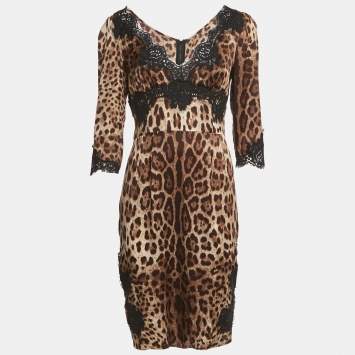 Pre Owned Dolce & Gabbana Brown Leopard Print Lace Trim Satin Mini Dress L