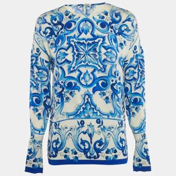 Pre Owned Dolce & Gabbana White/Blue Printed Silk Long Sleeve Top S
