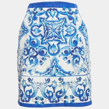 Pre Owned Dolce & Gabbana White/Blue Majolica Print Jacquard Mini Skirt S