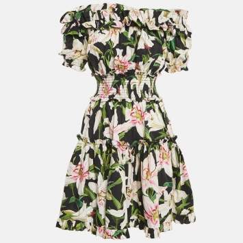 Pre Owned Dolce & Gabbana Black Floral Print Cotton Off-Shoulder Ruffled Mini Dress S