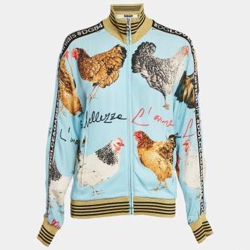 Pre Owned Dolce & Gabbana Blue Hen and Cock Print Crepe  Zip-Up Bomber Jacket S