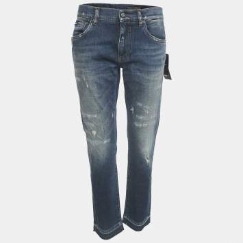 Pre Owned Dolce & Gabbana Navy Blue Distressed Denim Capri Jeans 32" L