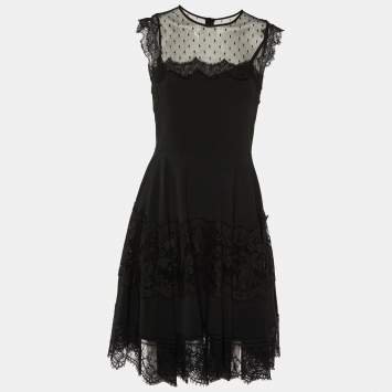 Pre Owned Dolce & Gabbana Black Lace Trim Crepe Short Dress M