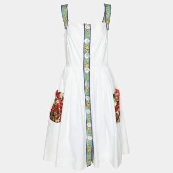 Pre Owned Dolce & Gabbana White Cotton Contrast Detail Sleeveless Midi Dress L