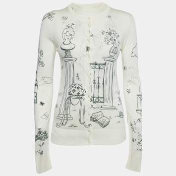 Pre Owned Dolce & Gabbana Off-White Bird Cage Print Silk Knit Top and Cardigan Set S